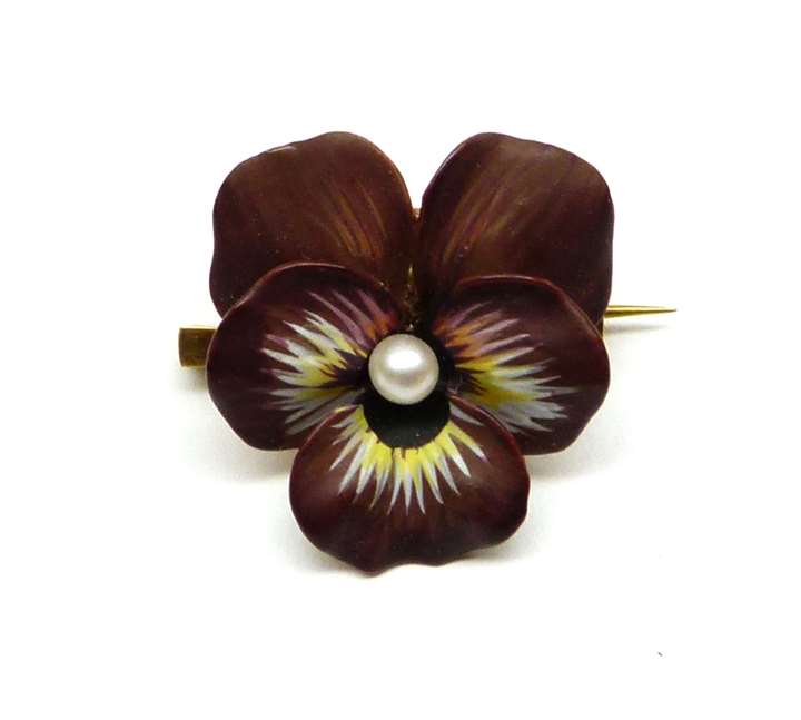 Antique maroon enamel and pearl pansy brooch